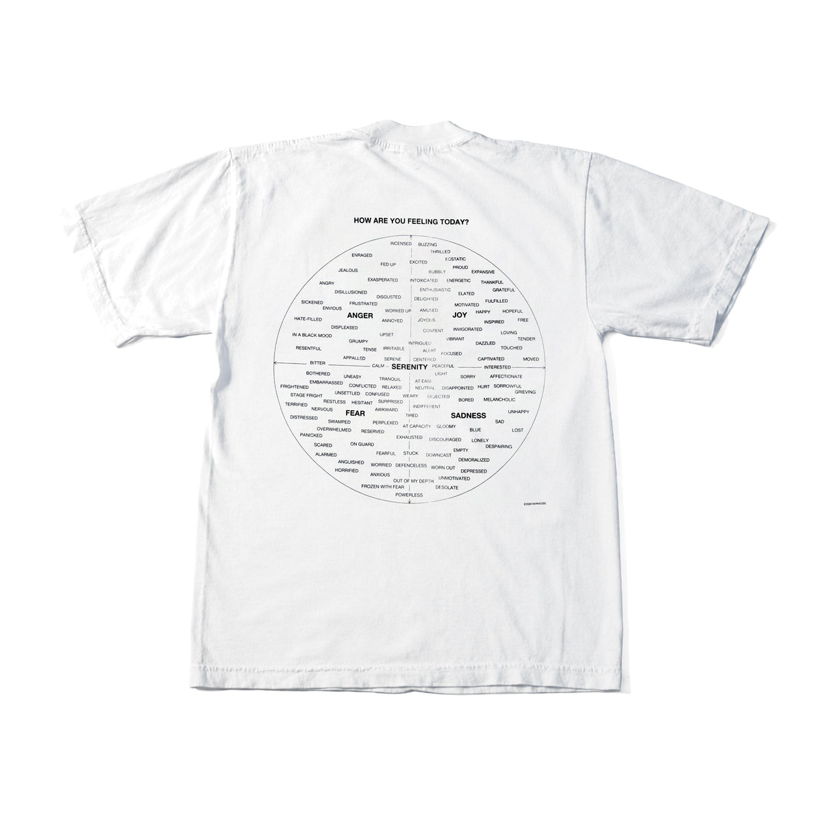 "MOOD BOARD" TEE SHIRT — white T-shirt with an emotion chart