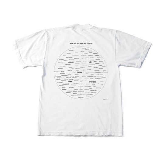 "MOOD BOARD" TEE SHIRT — white T-shirt with an emotion chart
