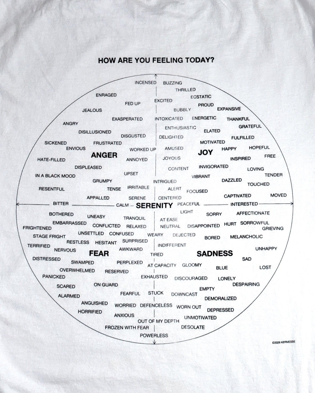 "MOOD BOARD" TEE SHIRT — close-up of the printed emotion chart