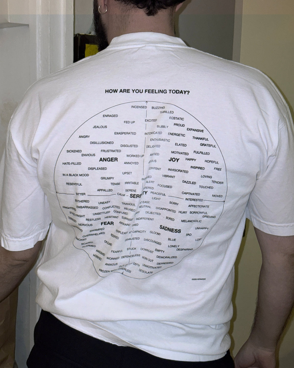 "MOOD BOARD" TEE SHIRT — white graphic T-shirt worn, back view