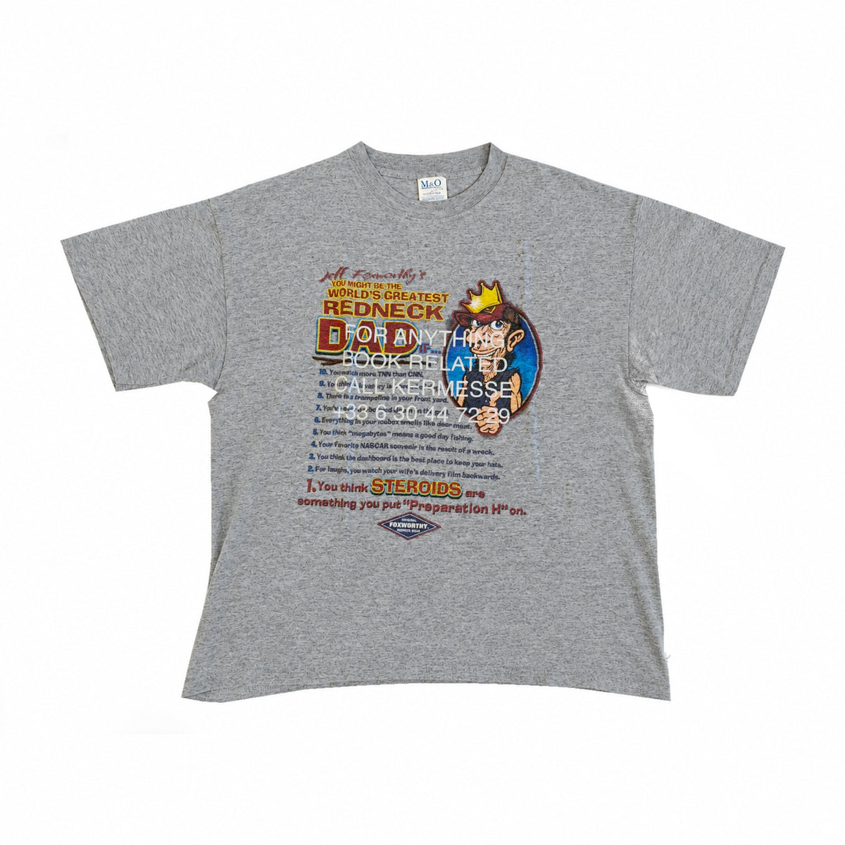 KERMESSE HOTLINE faded tee #38, heather grey short-sleeved T-shirt with colourful Redneck Dad cartoon overprinted with the white KERMESSE hotline, front view on a white background.