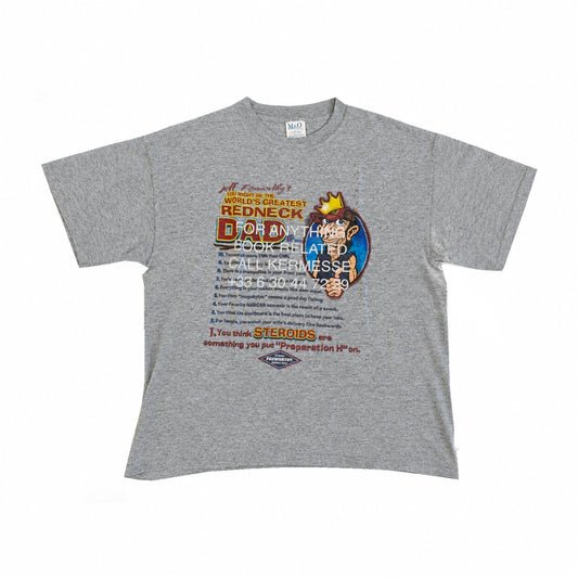 KERMESSE HOTLINE faded tee #38, heather grey short-sleeved T-shirt with colourful Redneck Dad cartoon overprinted with the white KERMESSE hotline, front view on a white background.