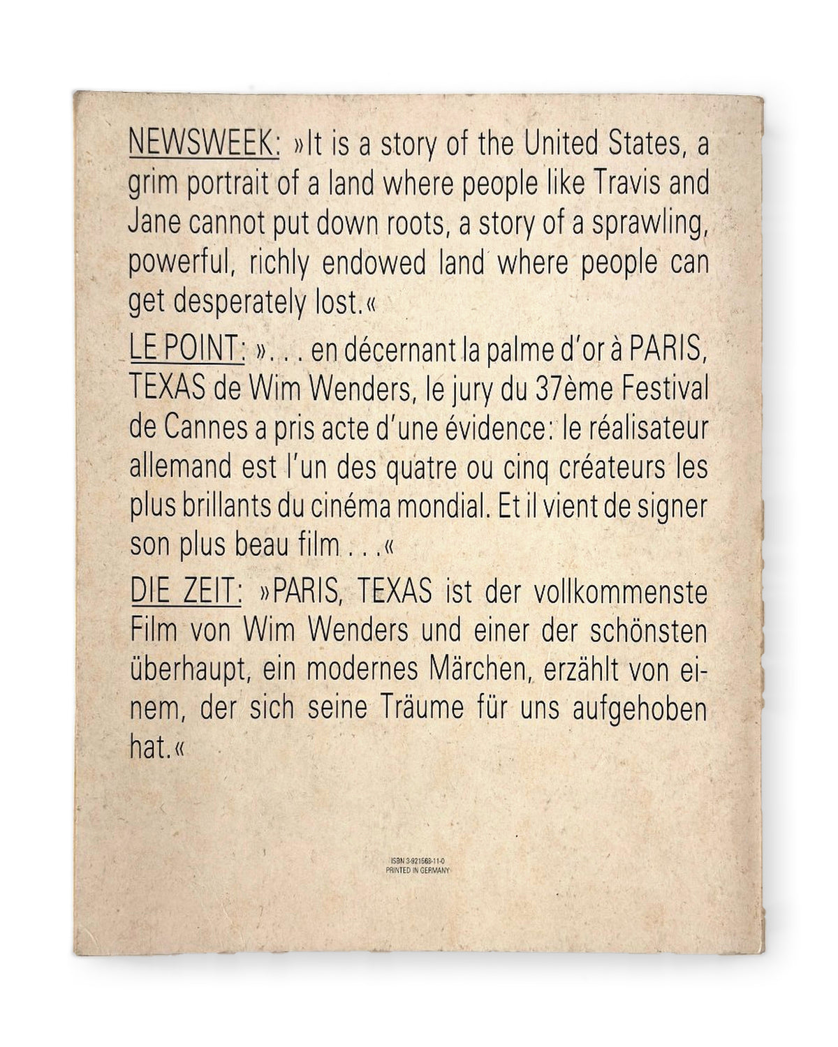 Wim Wenders / Sam Shepard — Paris, Texas, back cover